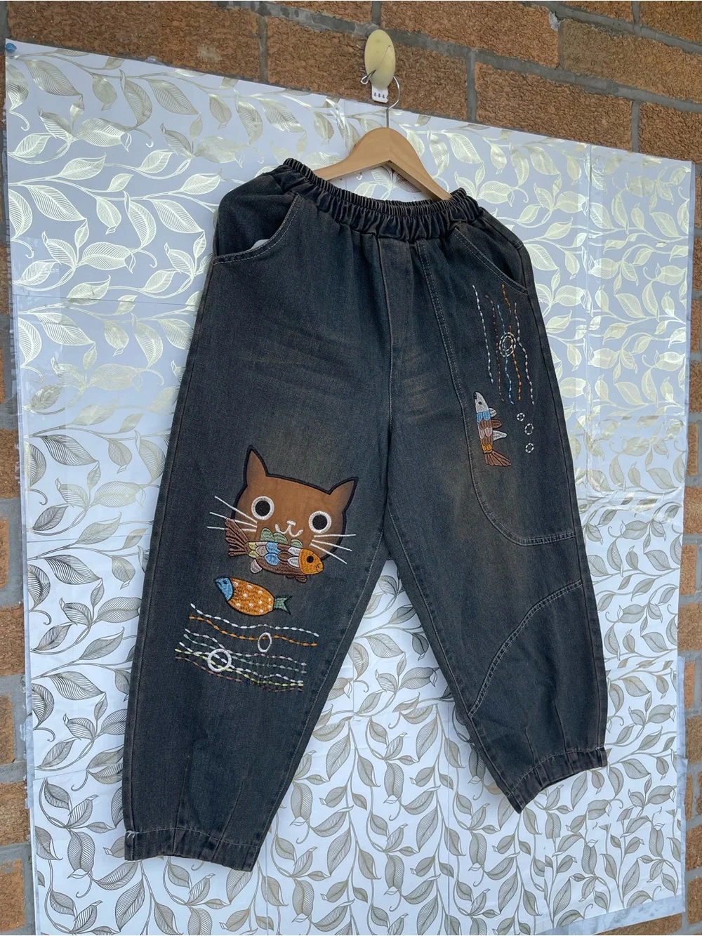 Bohemian Cat Fish Embroidery Linen Jogger Pants Antique Brown Small S
